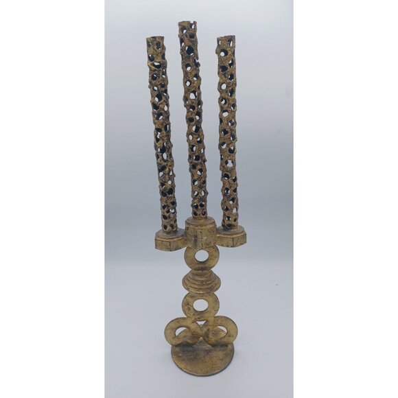 Vintage Gothic Brutalist Steampunk 3 Candle Metal Candelabra Pierced Design 16" - Picture 12 of 12